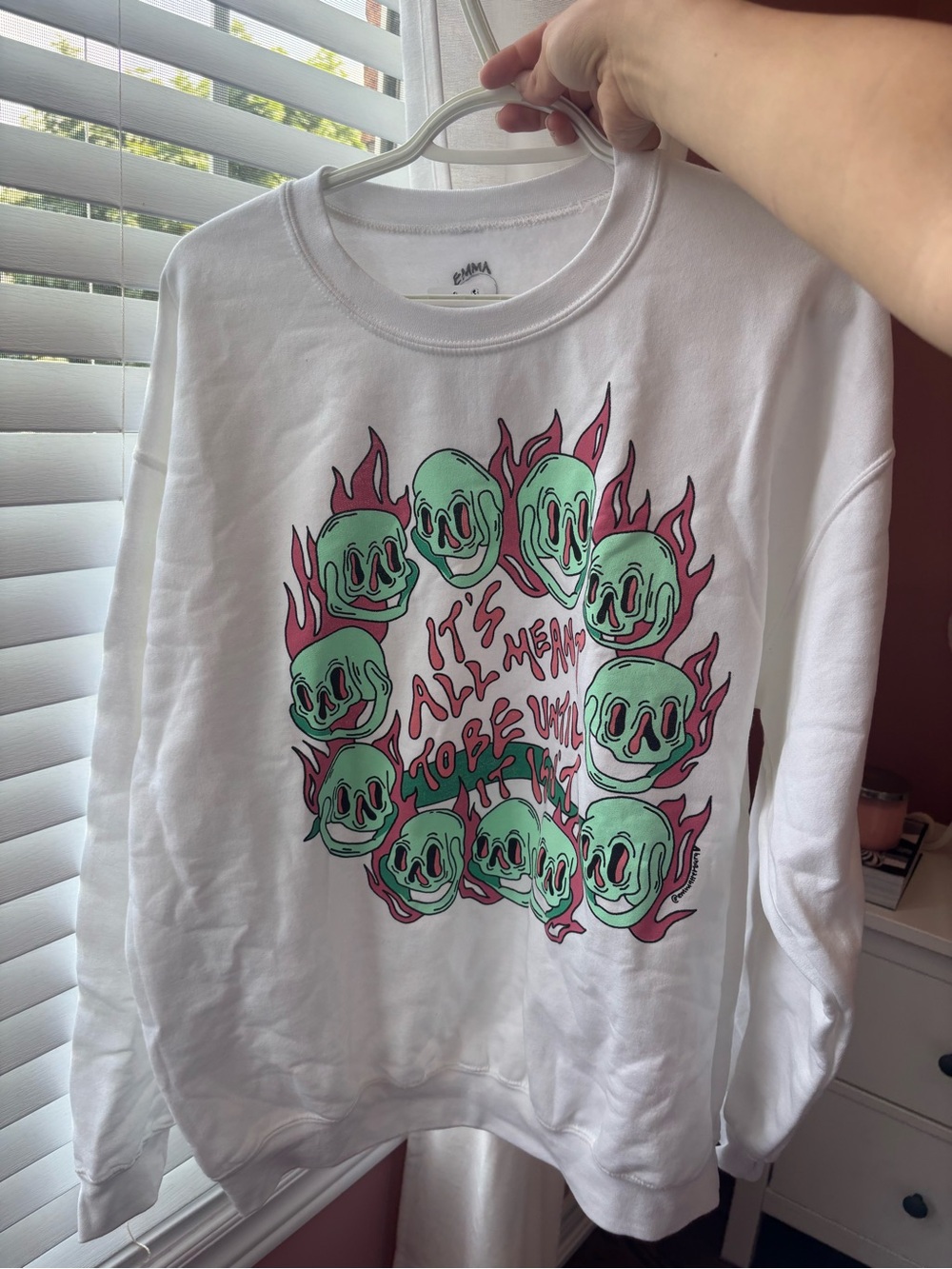 Urban Outfitters White Sweatshirt with Green Skull & Pink Flame Graphic